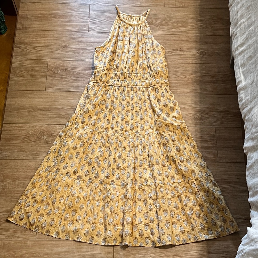 dRA Los Angeles yellow block print halter neck midi dress